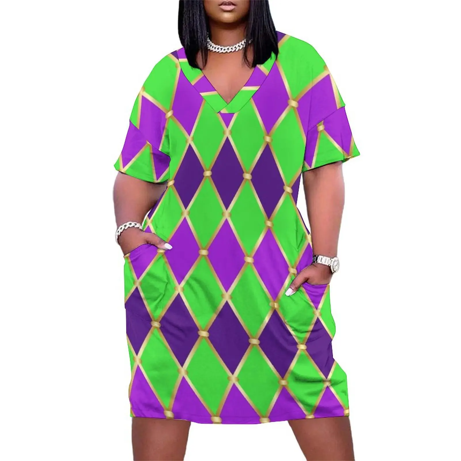 

Harlequin Mardi Gras Loose Pocket Dress Beachwear summer clothes