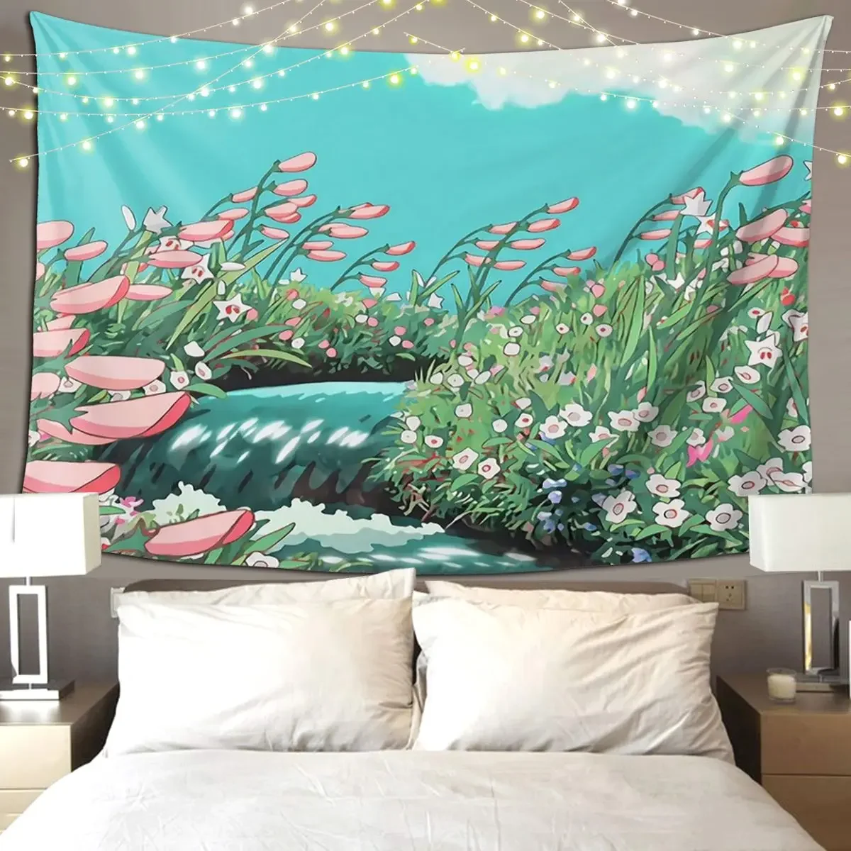 Anime Flowers In The River Scen Tapestry Funny Wall Hanging Aesthetic Home Decor Tapestries for Living Room Bedroom Dorm Room