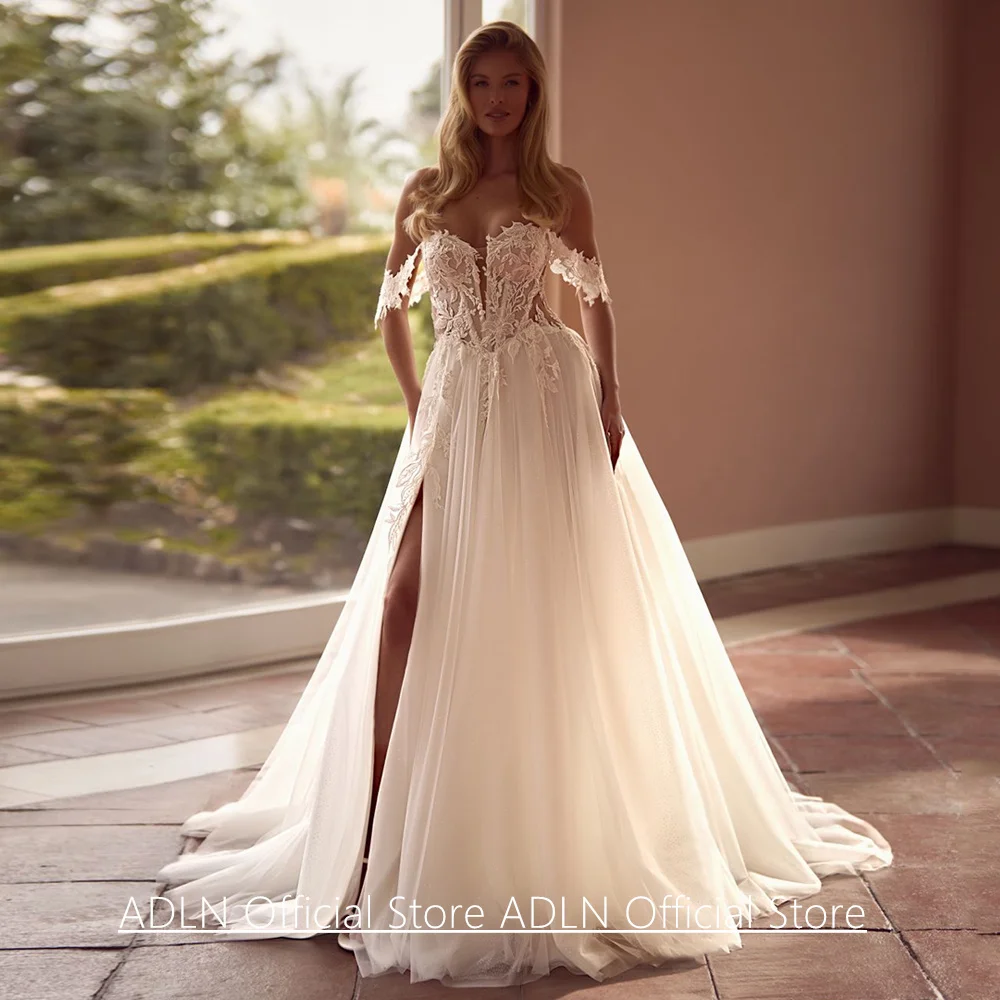 Sexy Boho Wedding Dress Customized Off The Shoulder Sweetheart See Through Body Applique Slit Soft Tulle Bridal Gowns