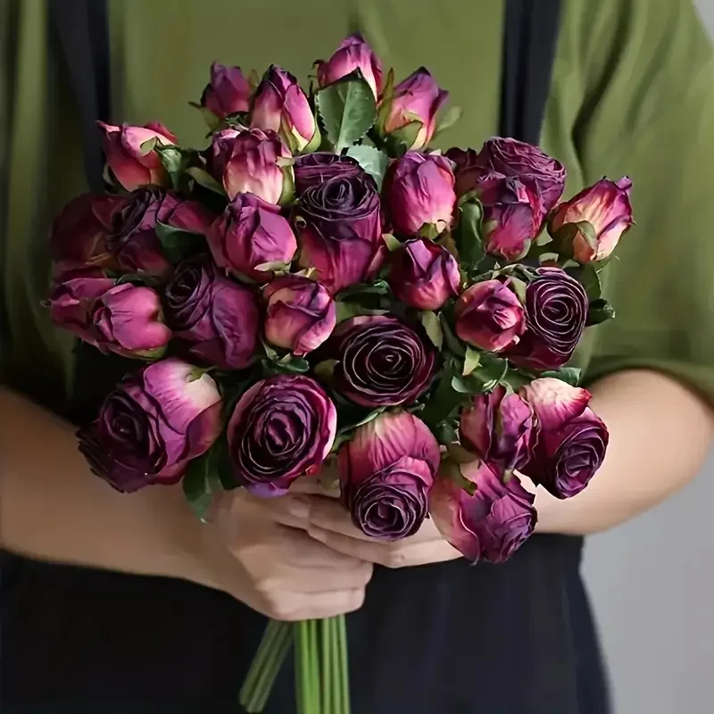 34CM Künstliche Blumen mit Verbrannten Kanten Rosen Handgeschriebener Blumenstrauß Hochzeitsdekoration Kunstblumen Valentinstag Heim-Tischdekoration – Detail 1