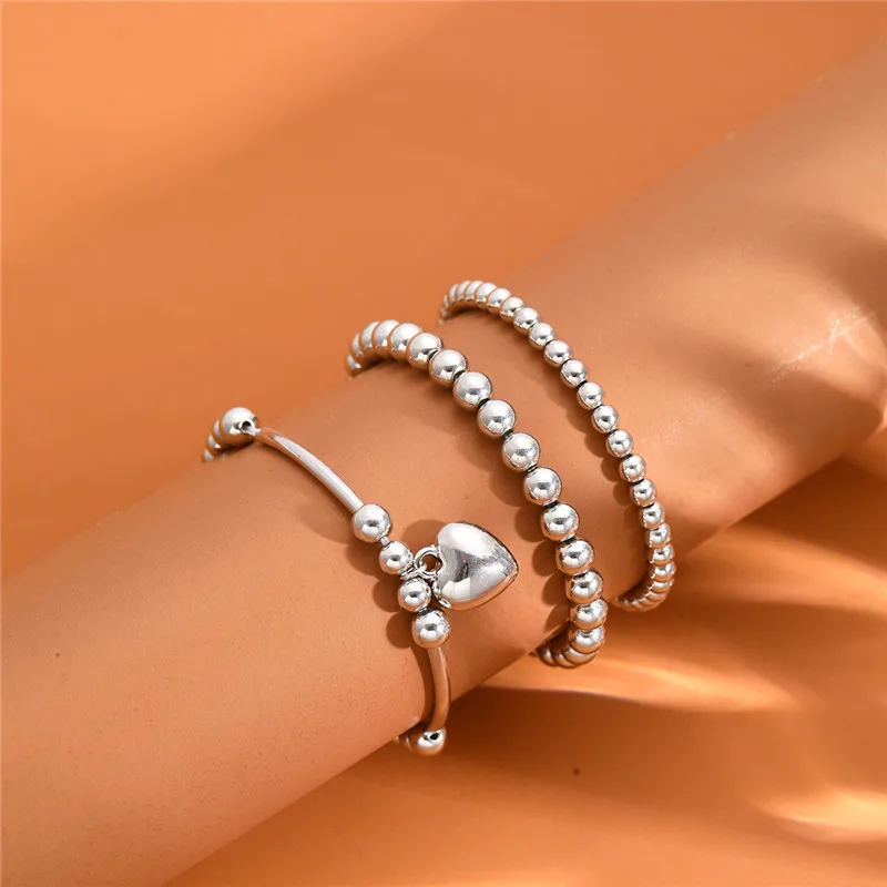 3 pcs/set Trend Heart Pendant Bracelets Set for Women Silver Color Ball Beaded Bracelets Bangles Jewelry New 2025