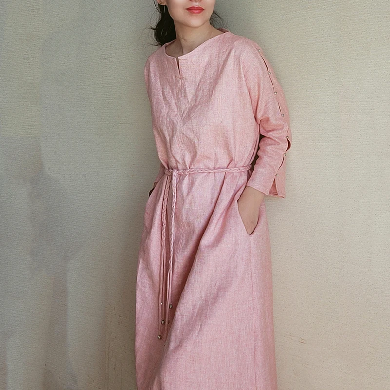 

Happy Spring Summer New Loose Fit Long Sve round Ne Vintage Color Linen Midi Dr Comfortable A-Line Skirt for Women