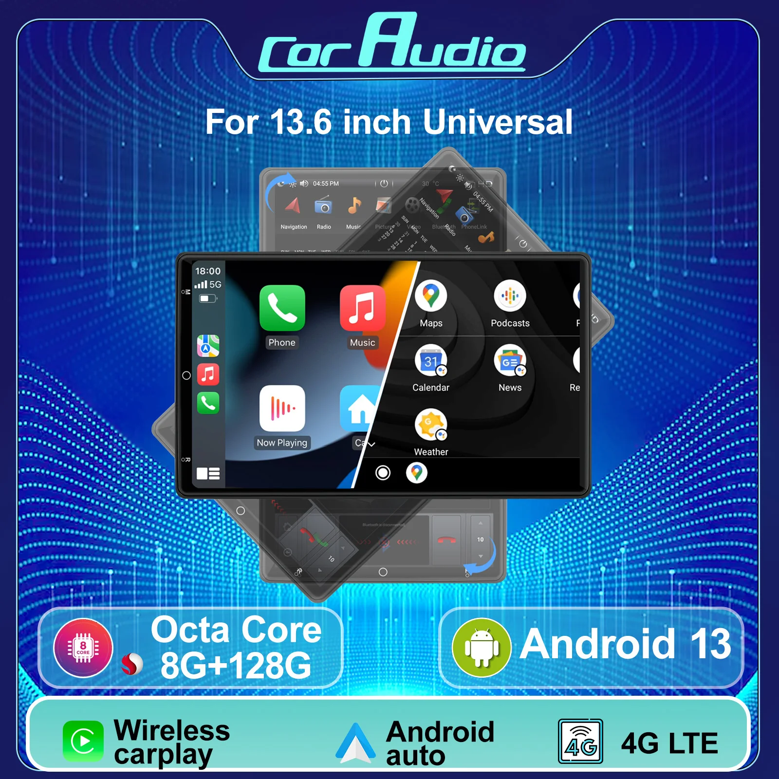 

Android 14 13.6Inch Auto Rotatable Universal Car Radio Multimedia Player Stereo GPS Navigation wireless WIFI FM 4G BT Head Unit