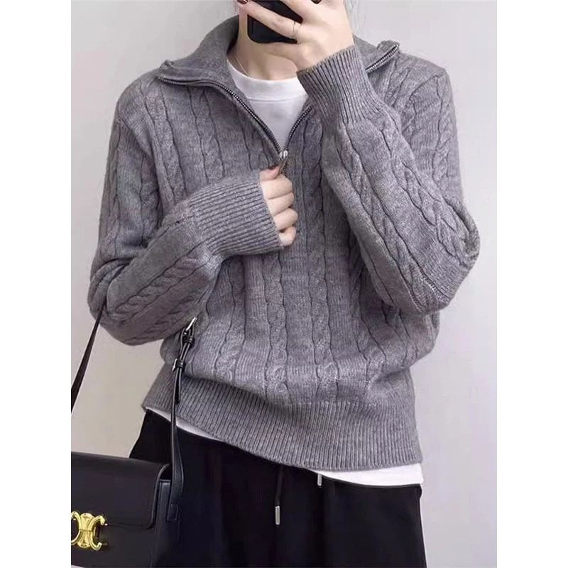 

Ретро-свитер с молнией в корейском стиле, осенне-зимний, женский, однотонный, в стиле Lazy Sle, новая модель, с вышивкой, для трансграничной торговли