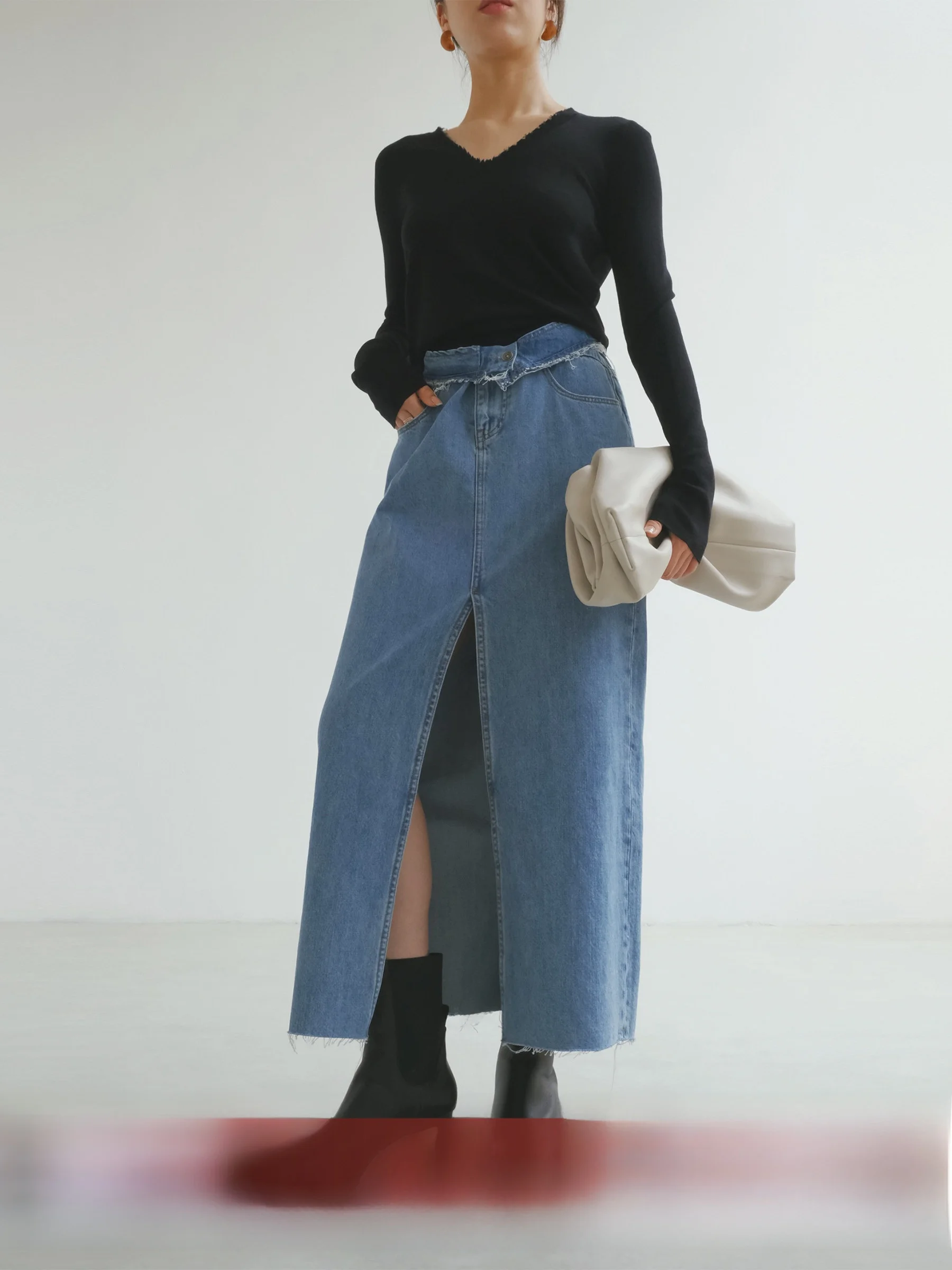 

High Waist Slit Denim Skirt Women's Casual High Waist Flared Hem Design Cotton A-Line Skirt for Young Girls