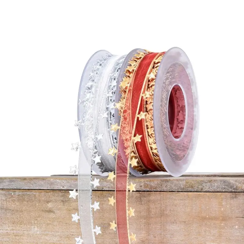 49MF Golden Silver Embossing Star Ribbon Gift Wrapping Christmas Ribbon Roll
