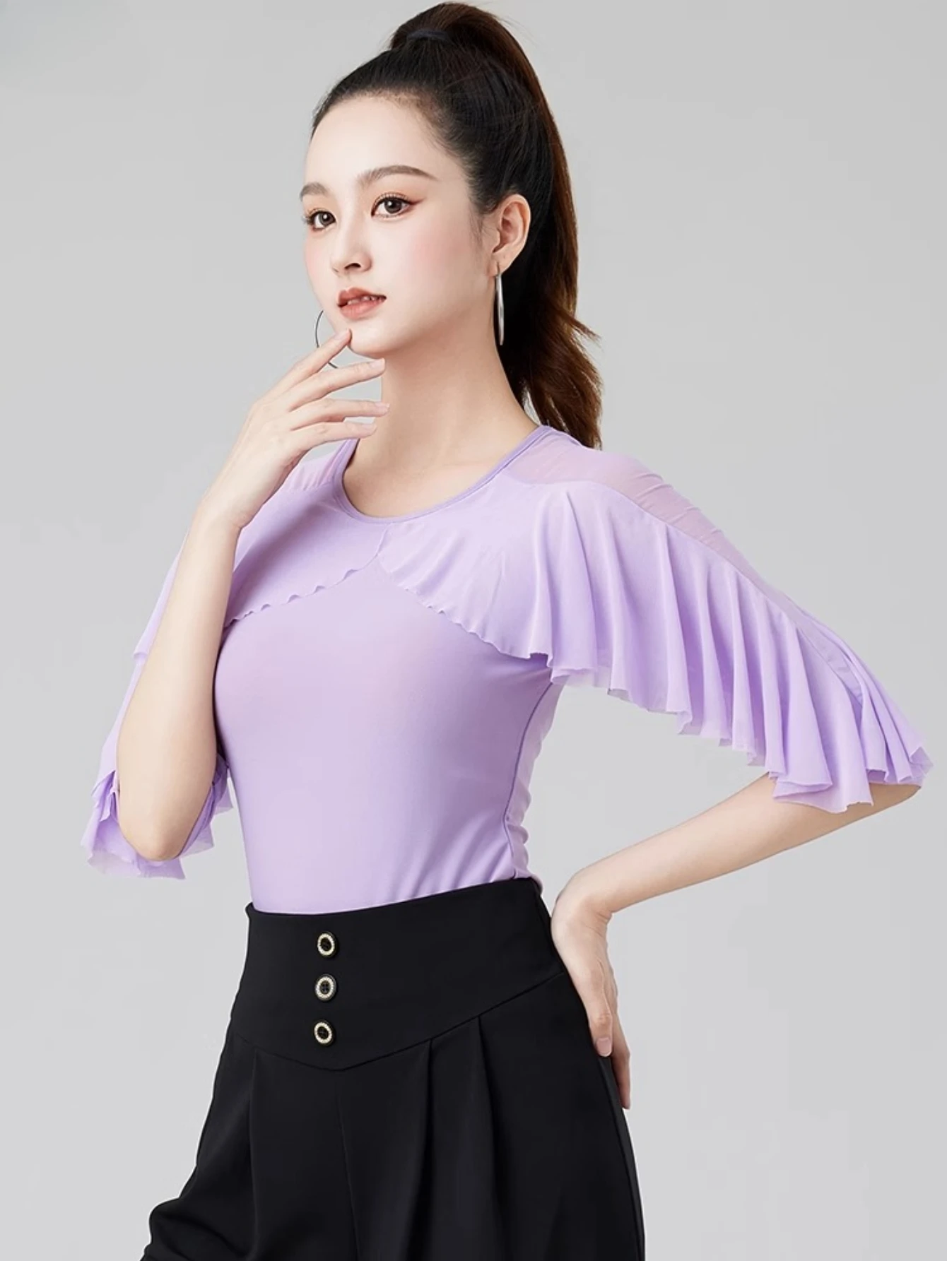 Haut de danse latine pour femmes adultes, nouveau Costume à manches en feuille de Lotus, pour salle de bal, Samba, spectacle de danse moderne, robe d'entraînement de danse