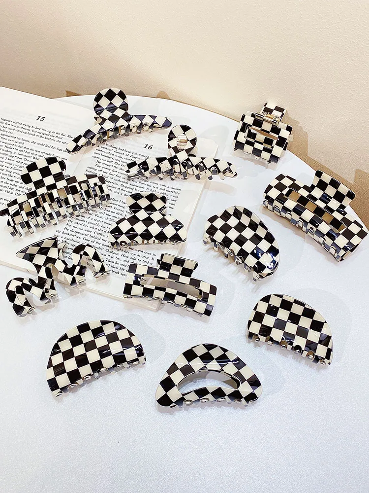 

New Women Elegant Checkerboard Acrylic Hair Claw Temperament Geometric Headband Hair Clips Hairpins Fahion Hair Accessories Gift