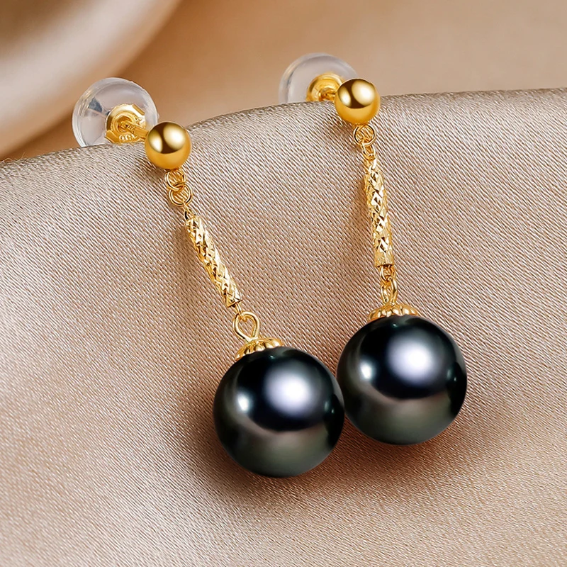 Prefact Round Tahitian Black Pearl Earrings For Women,Real 18k Gold AU750 Pearl Earrings Wedding Bride Gift