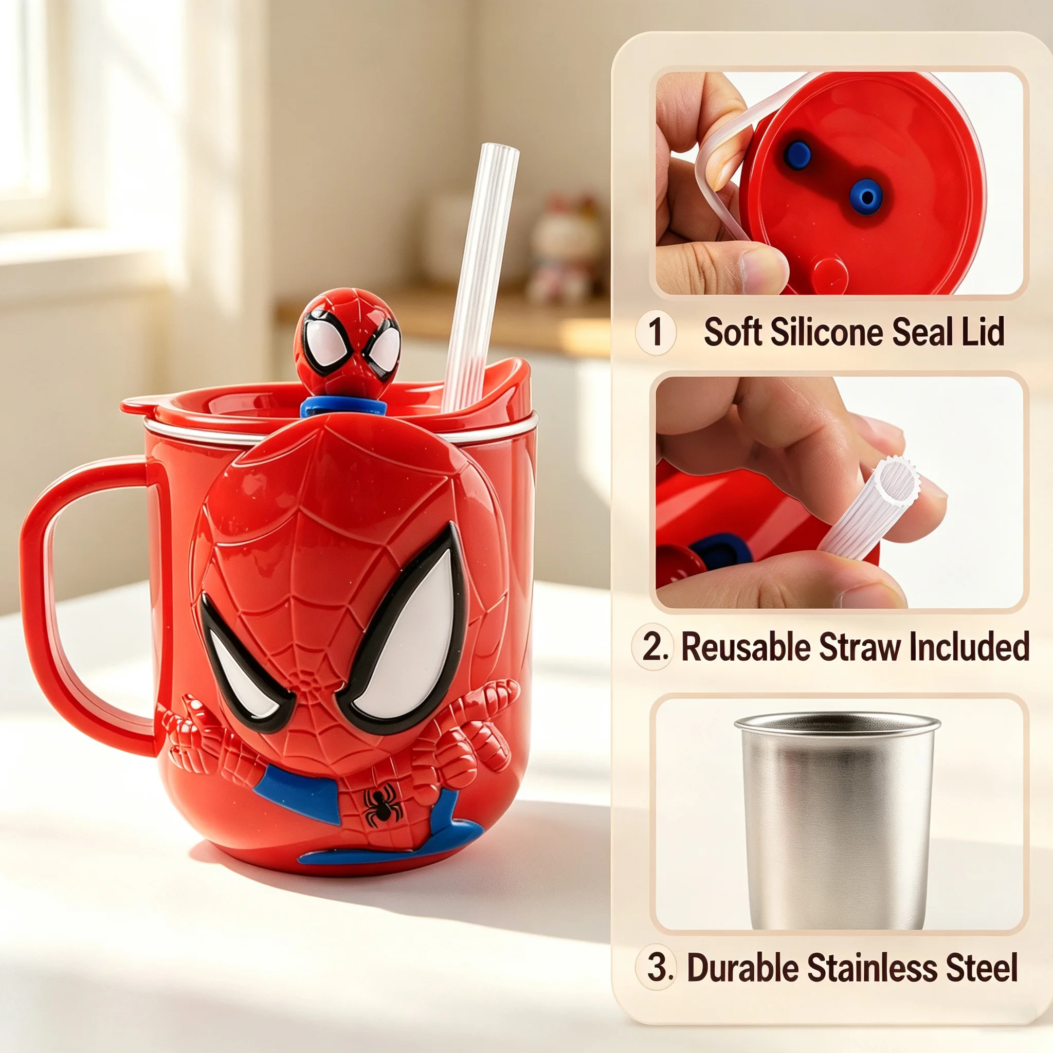 Marvel Spider-Man Edelstahlbecher, wiederverwendbarer Becher mit Strohhalm, tragbare Wasserflasche, Geburtstags- und Weihnachtsgeschenk für Marvel-Fans – Detail 6