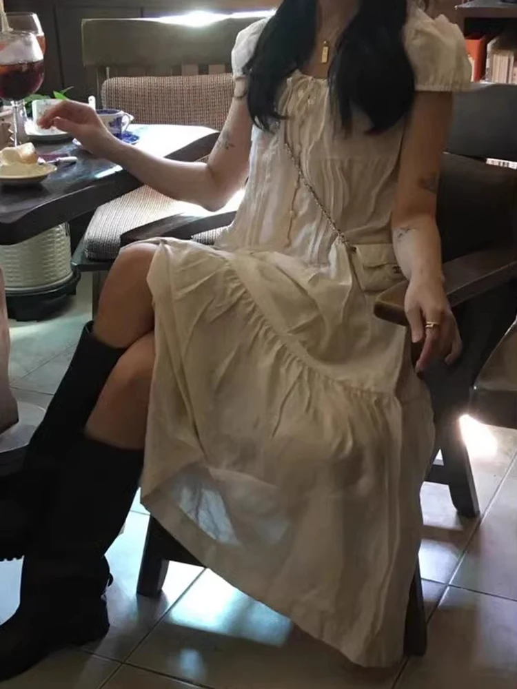 Falda Larga de Verano para Mujer, Estilo Dulce y E, con Pliegues, Manga Abullonada, Color Puro, Estilo Coreano, Cintur...