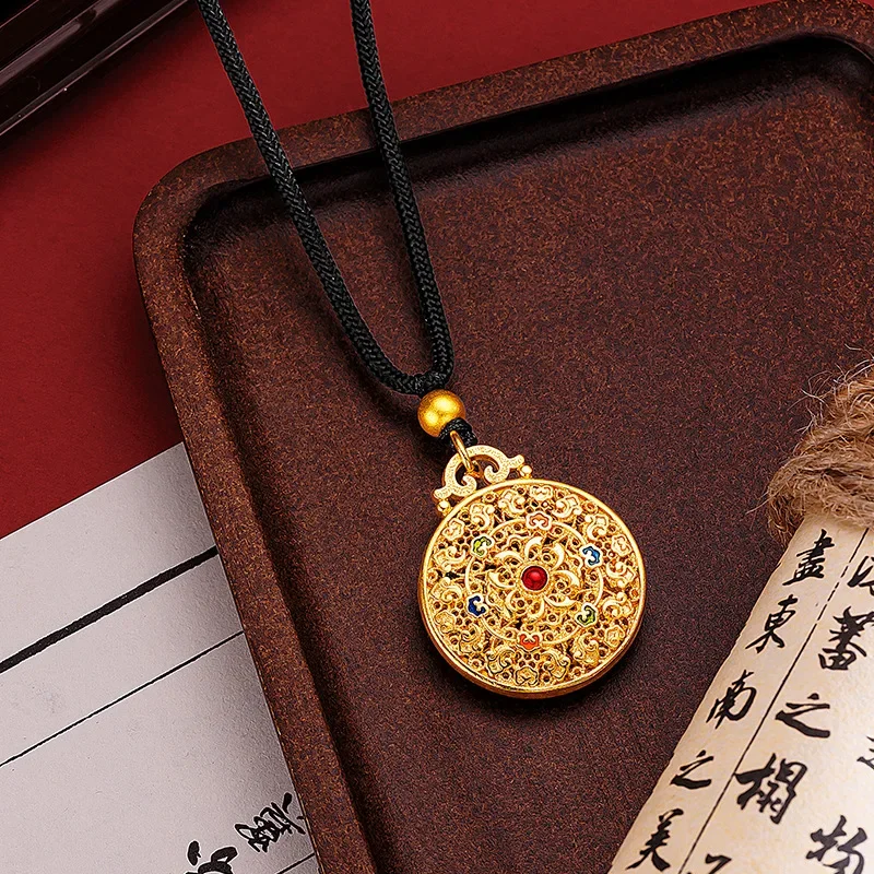 New Chinese 9999 24K Real Gold Black Rope Necklace Enamel Color Hollowed Out Filigree Auspicious Cloud Like Pattern Pendant Rope