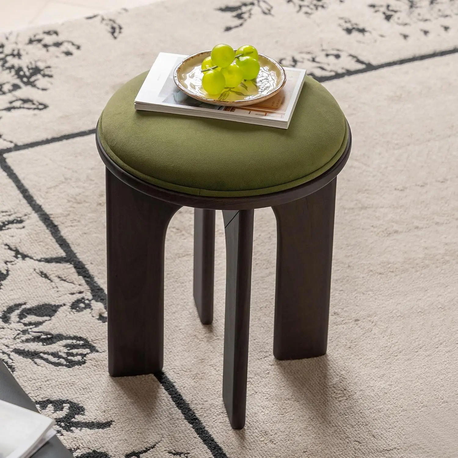 Velvet Vanity Stool with Oak Wood Legs, Makeup Dressing Seat, Green, Customized