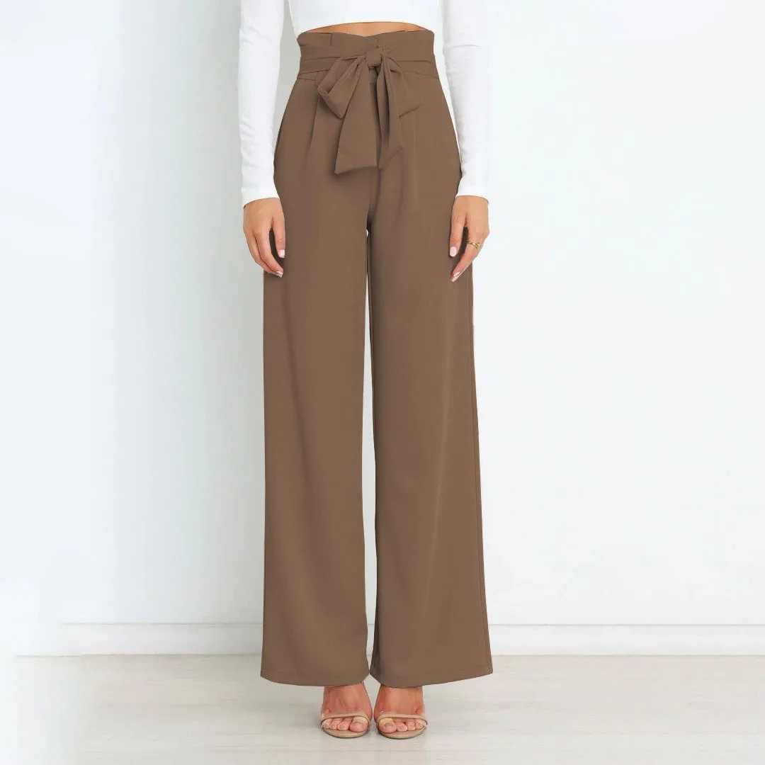 Women's Polyester Wide Leg Pants Solid High Waist with Tie Bow Detail Medium Stretch for Fitness Holiday Beach Wear