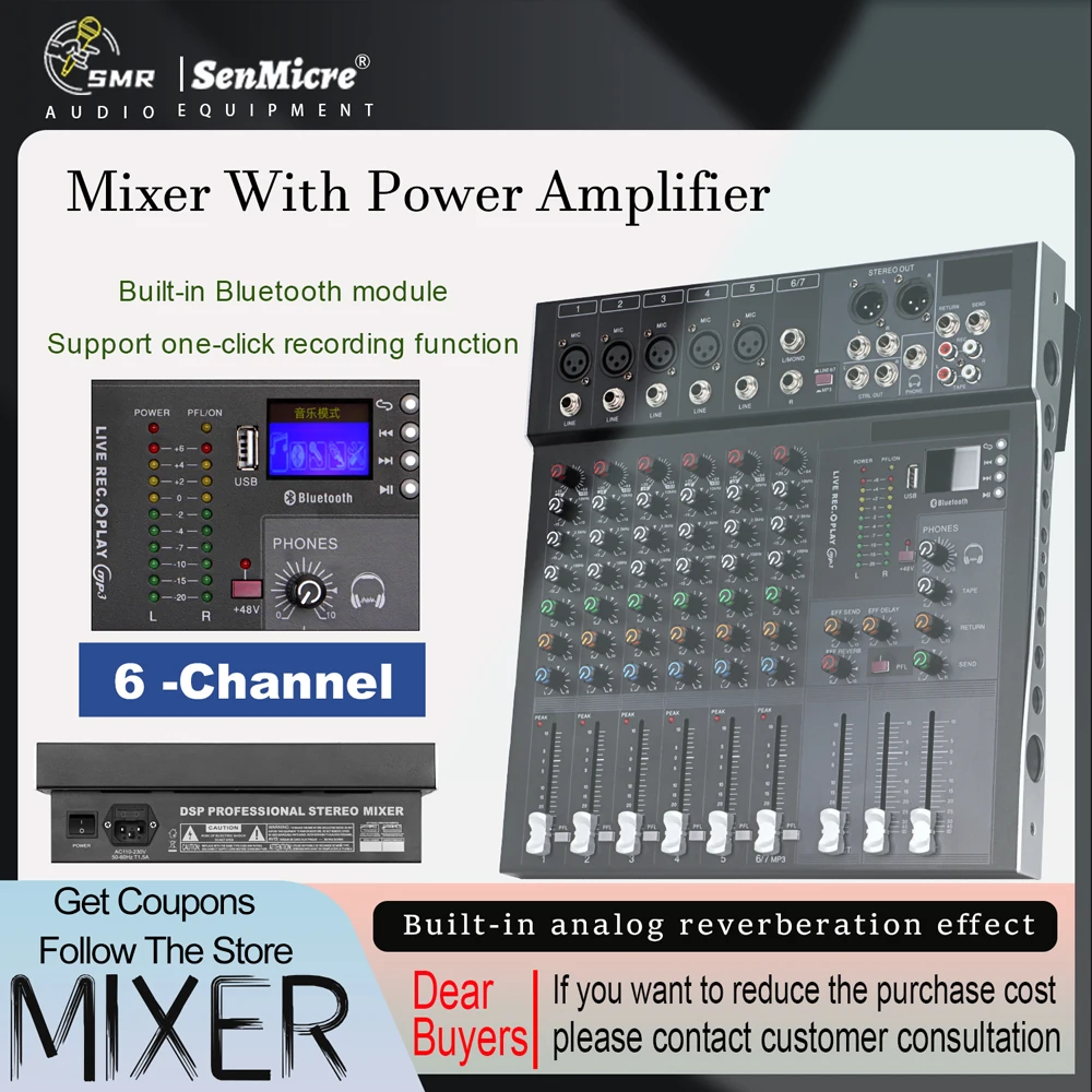 

SenMicre MR-6 PRO Professional Audio Mixer 6 Channel DJ Mixing Console Performance Conference Audio Mixer With USB 48V Phantom