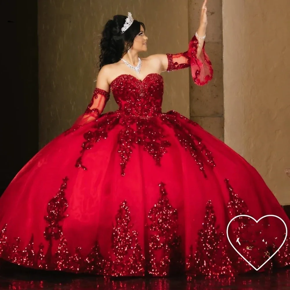 Angelsbridep Customized Red Tulle Ball Gown Quinceanera Dresses Vestidos 15 Años Quinceañera Off Shoulder Sequined Party Gown