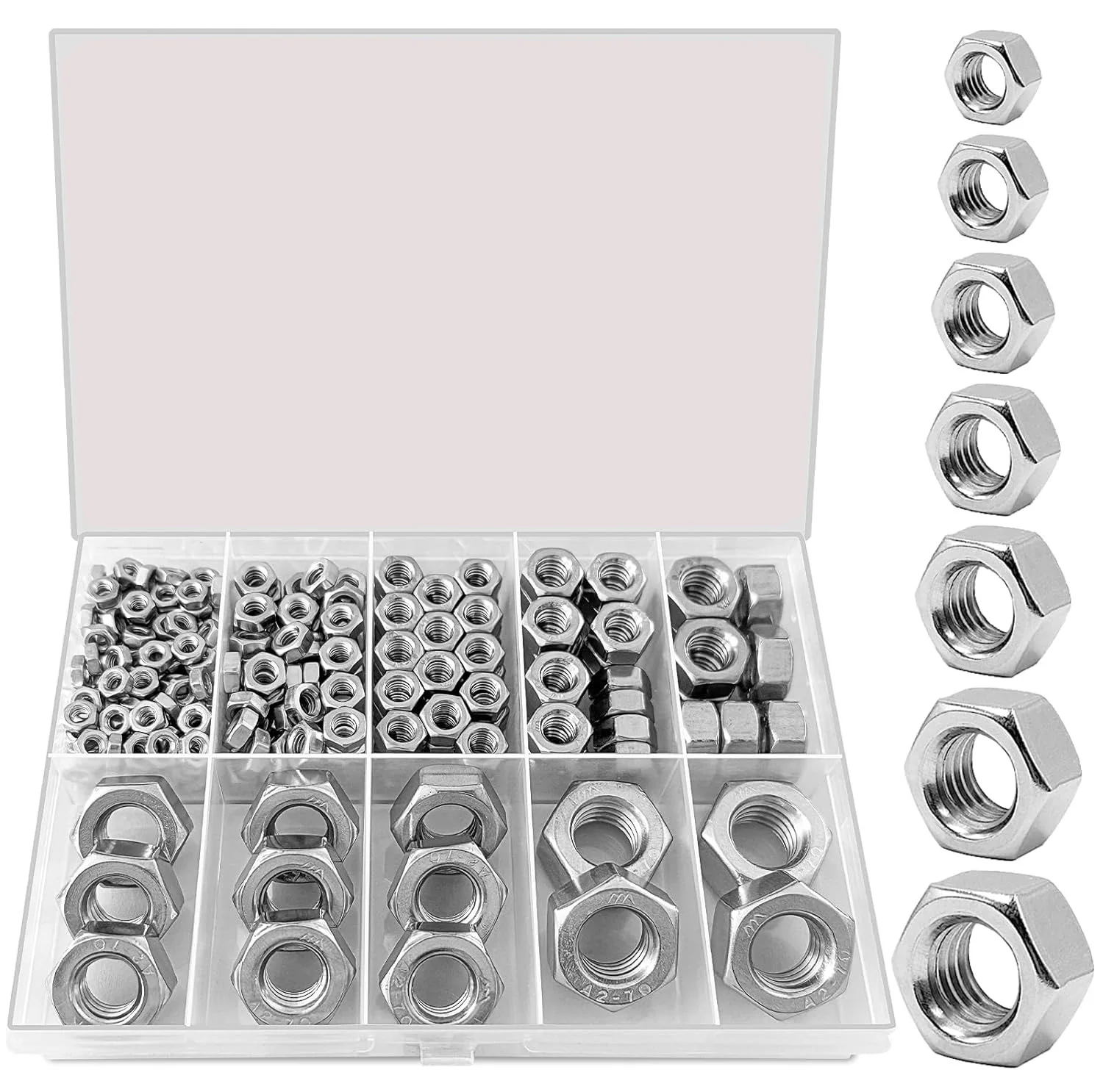 145 peças kit de combinação de porca hexagonal em caixa 304 aço inoxidável M3-M12 reparo automotivo e de motocicleta porca de bloqueio hexagonal externa