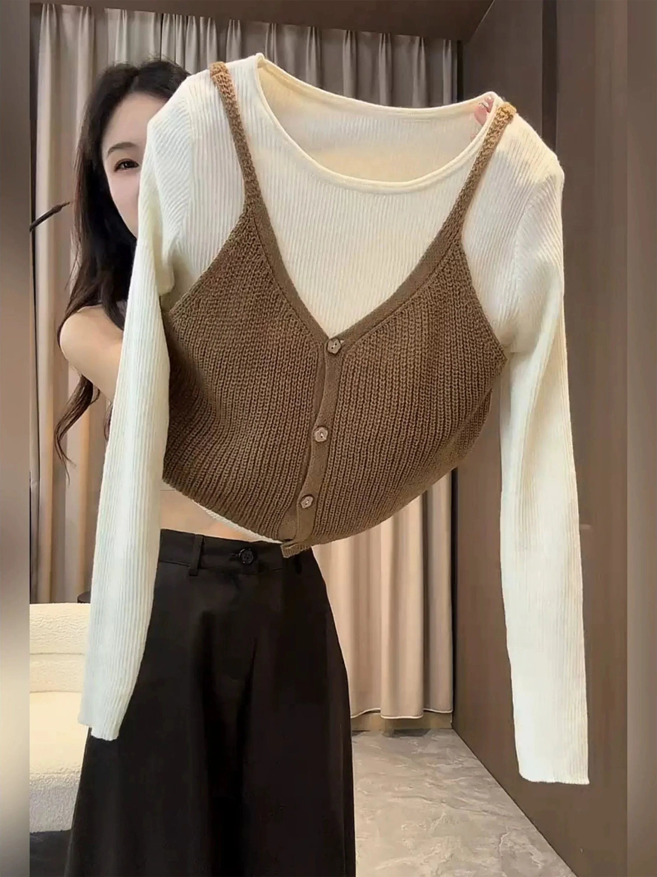 Chaleco de punto de talla grande color camel de manga larga para mujer, nuevo diseño de otoño, conjunto de dos piezas de top ...