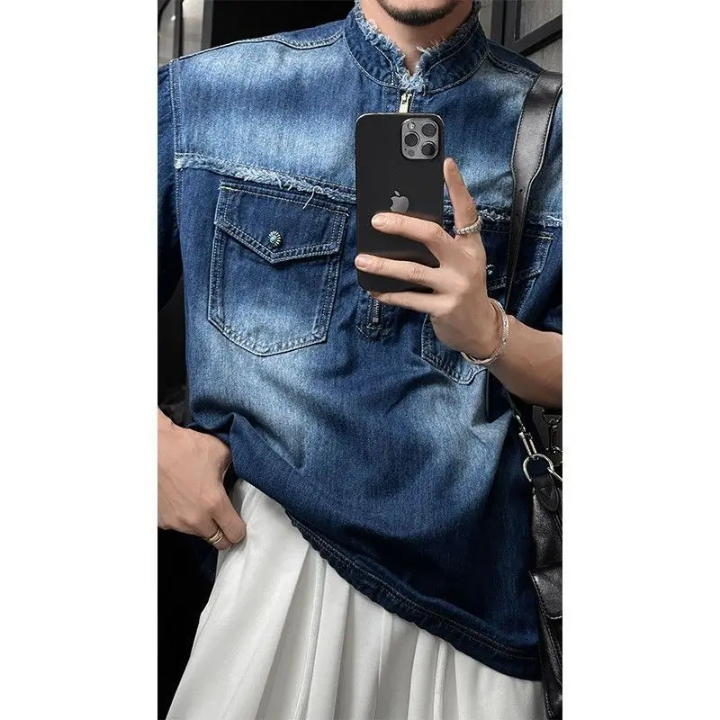 Summer New American Retro Short-sleeved Denim Shirt Men's Casual Stand-up Collar Fashion Top
