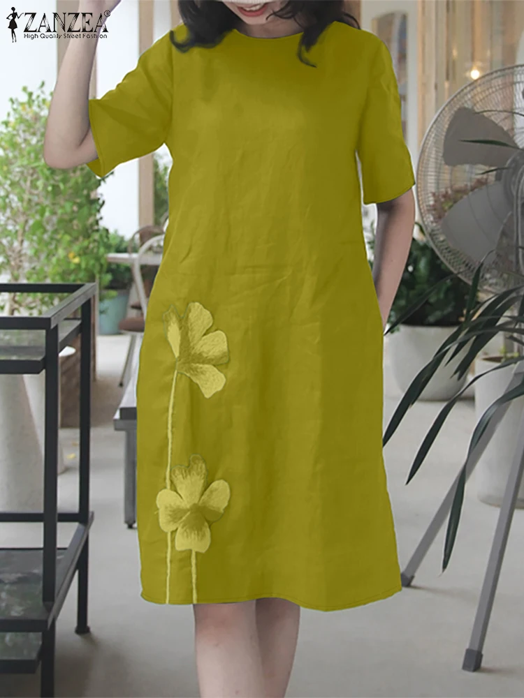 

ZANZEA Holiday Casual Women Knee-Length Dresses Fashion Embroidered Flower O-Neck Short Sleeve A-Line Robe Femme Summer Vestidos