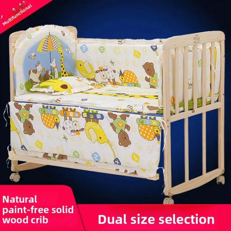 Babyfond Unpainted Solid Wood Baby Crib, Multi-function Rocking Bassinet with Swivel Lock Casters, Bed Splicing to Queen Bed