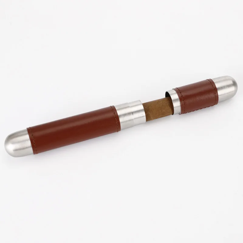 

Exquisite thickened stainless steel cigar tube, leather box, cylindrical single portable business metal cigarette set