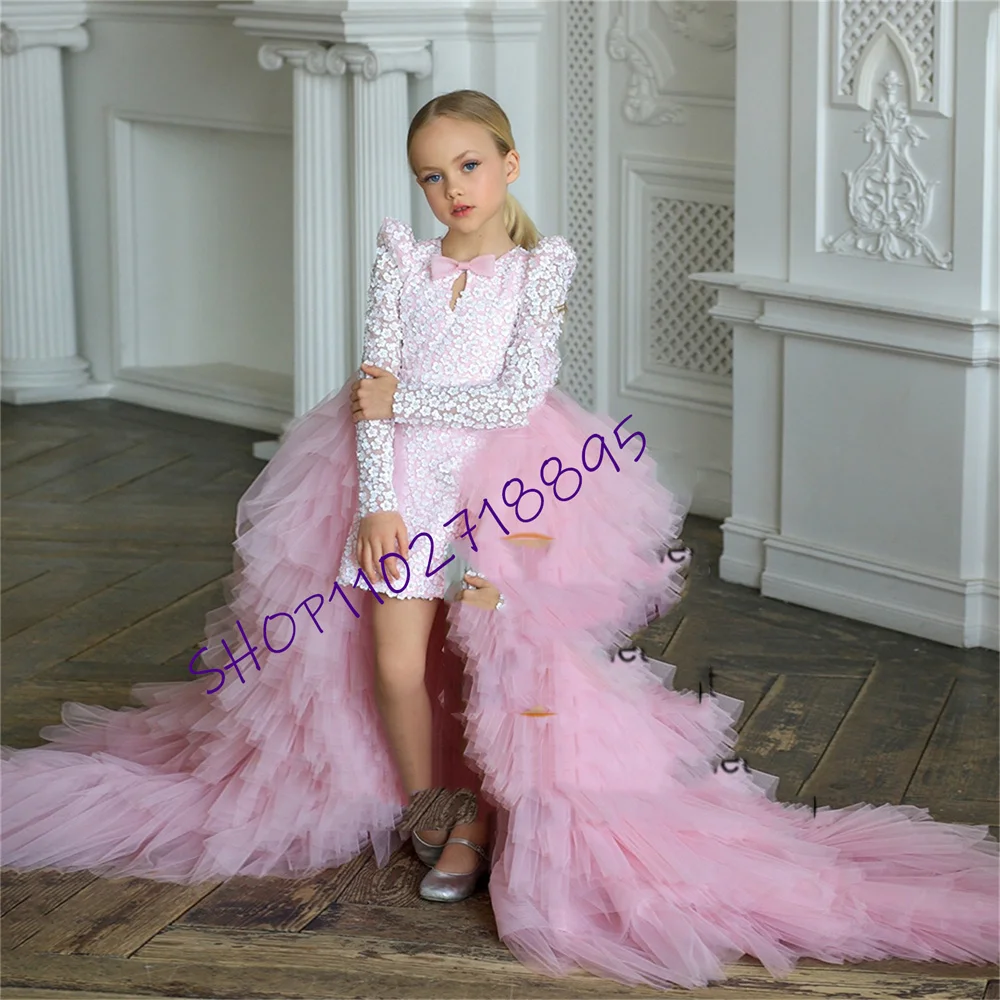 

Luxury Full Flower Girl Dresses for Women 2023 Scoop Wedding Party Gowns with Applique Summer Tiered Sweep Train