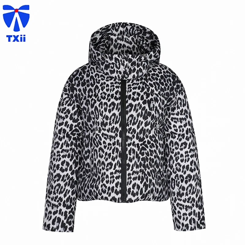 

TXii Korean Short Down Cotton Jacket Women's 2024 Winter New Loose Hooded Look Thin Leopard Pattern Bread Coat