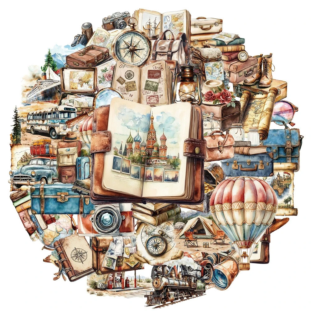 10/30/50pcs Vintage Outdoor Hiking Camping Stickers Transparent Cartoon Travel Scenery Decals Diary Phone Luggage Sticker Pack