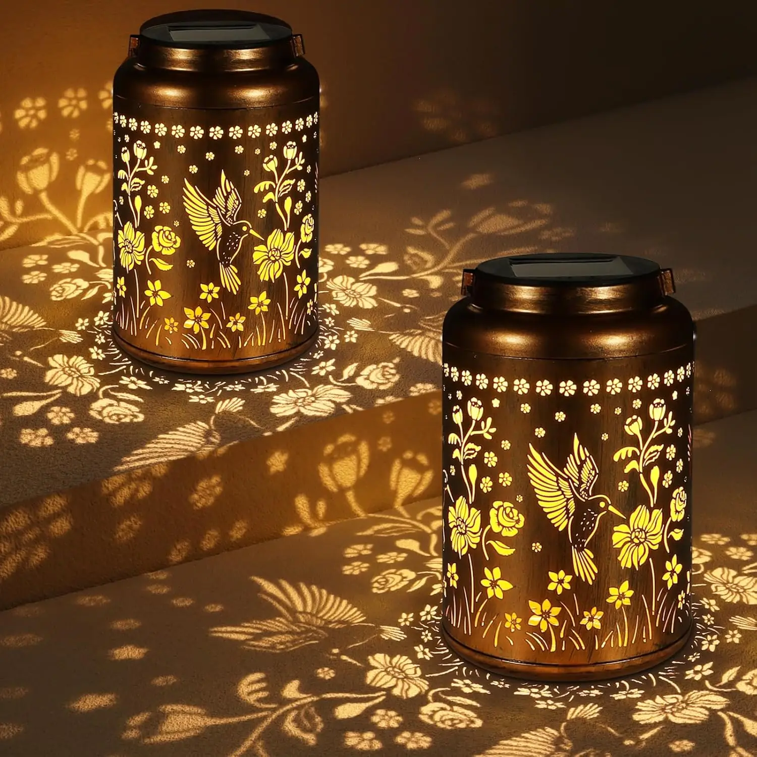

2 Pack Waterproof Solar Lanterns with Hummingbird Design for Outdoor Garden, Yard, and Patio Decor