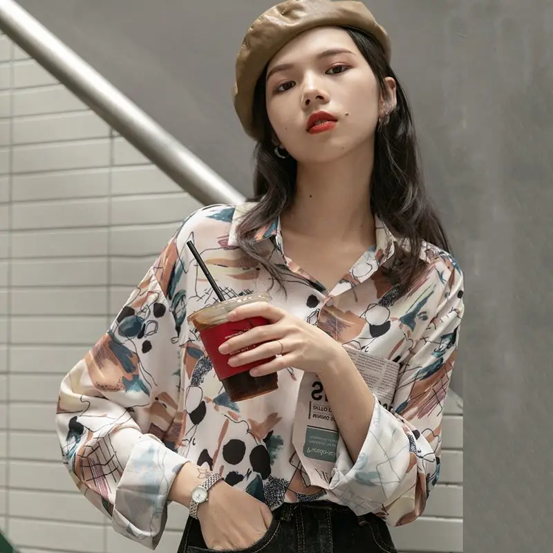 Style Printed Chiffon Shirt for Women with a Niche Design Light Mature Interior Top Long Sleeved Retro Women's Shirt