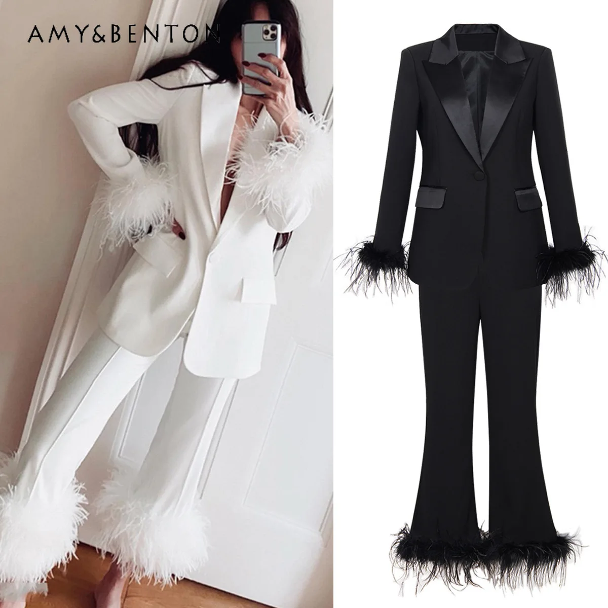 

Spring Autumn American Street Fashion Ostrich Feather Stitching Suit Jacket Straight-Leg Pants Two-Piece Sets Commute Style Suit