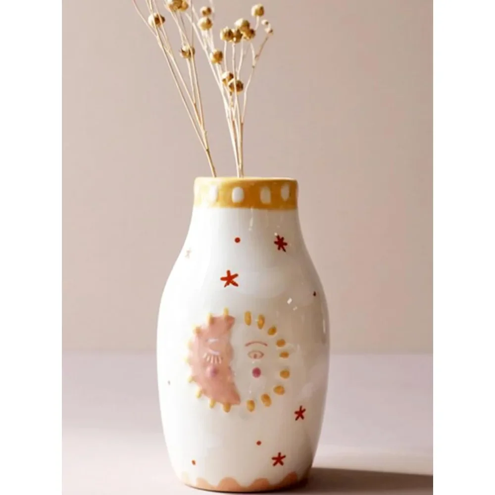 

Unique Ceramic Vase, Cute Boho Decor, Small Cream Vase for Dried Flowers or Single Bud - Sun and Moon Face Design decoracion