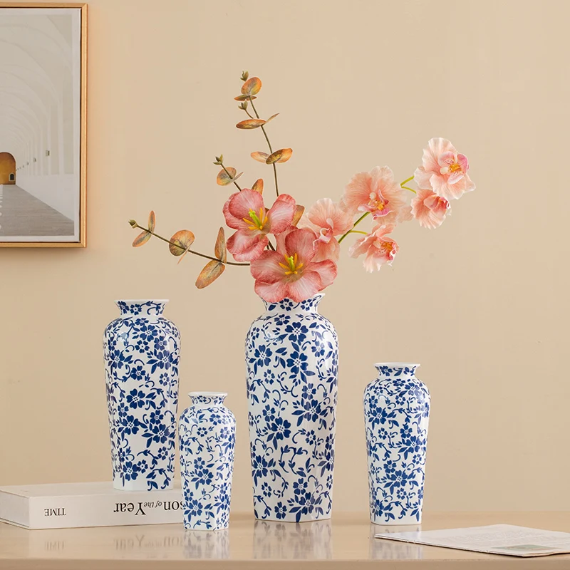 

Ceramic vase with ancient blue-and-white porcelain decorative dried flower and fresh flower arrangement