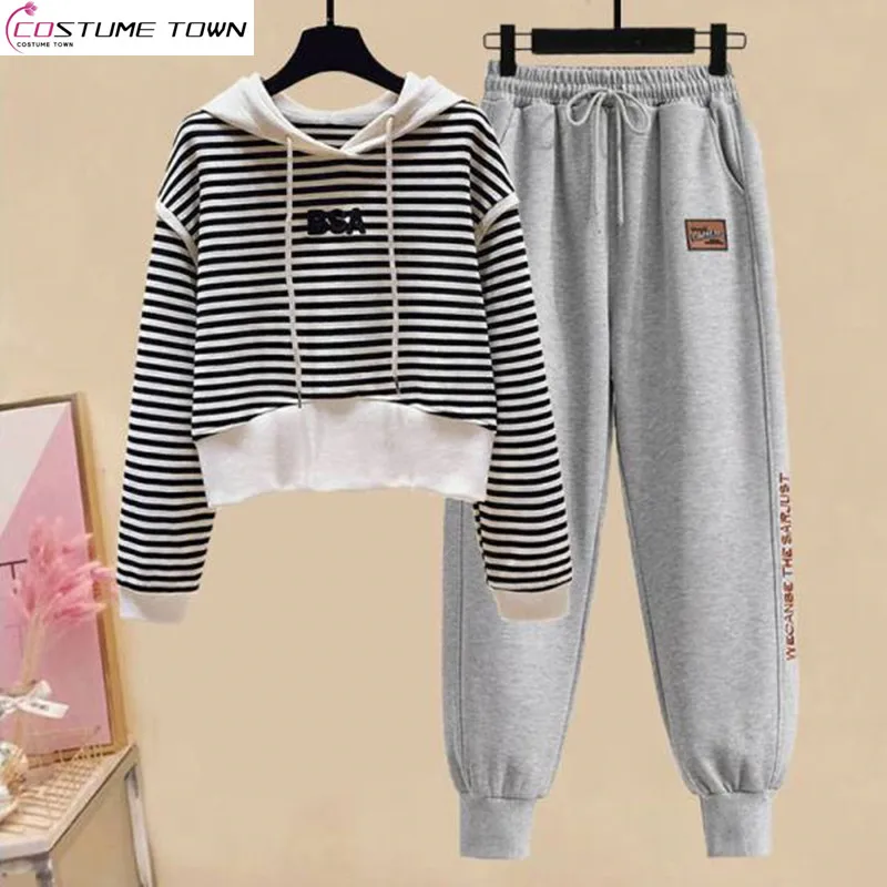 Spring and Autumn Sports Set Women's 2023 Korean Edition Striped Hooded Top Loose and Lazy Casual Pants Two-piece Set