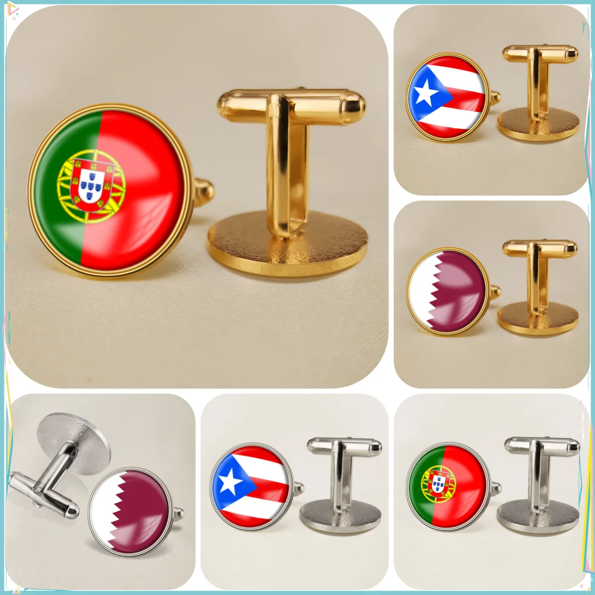 Portugal Puerto Rico Qatar National Emblem Flag Cufflinks