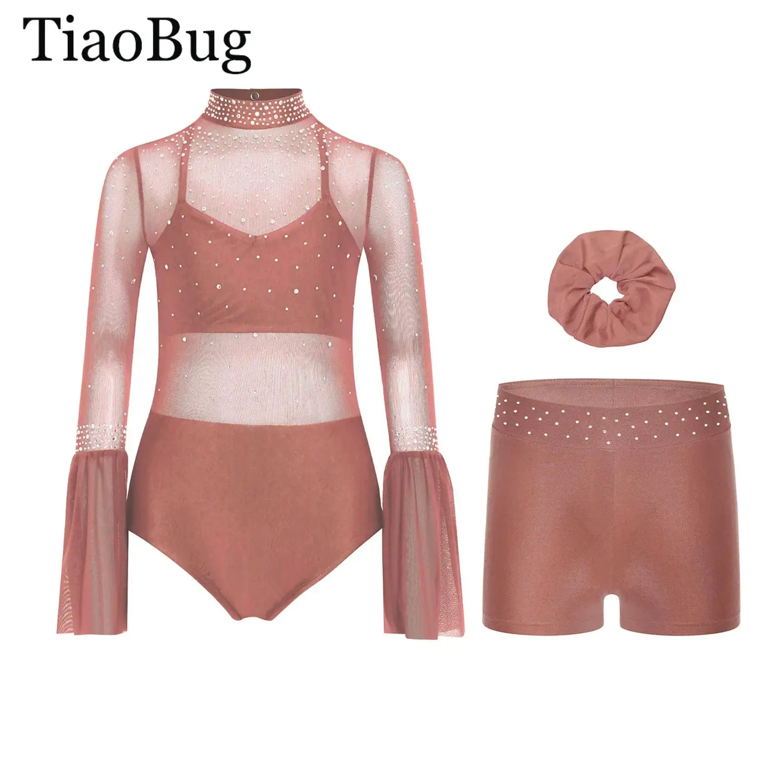 

Girls Ballet Gymnastics Leotards Set Sheer Mesh Flare Sleeve Backless Rhinestone Dance Bodysuits Unitards Figure Skating Costume