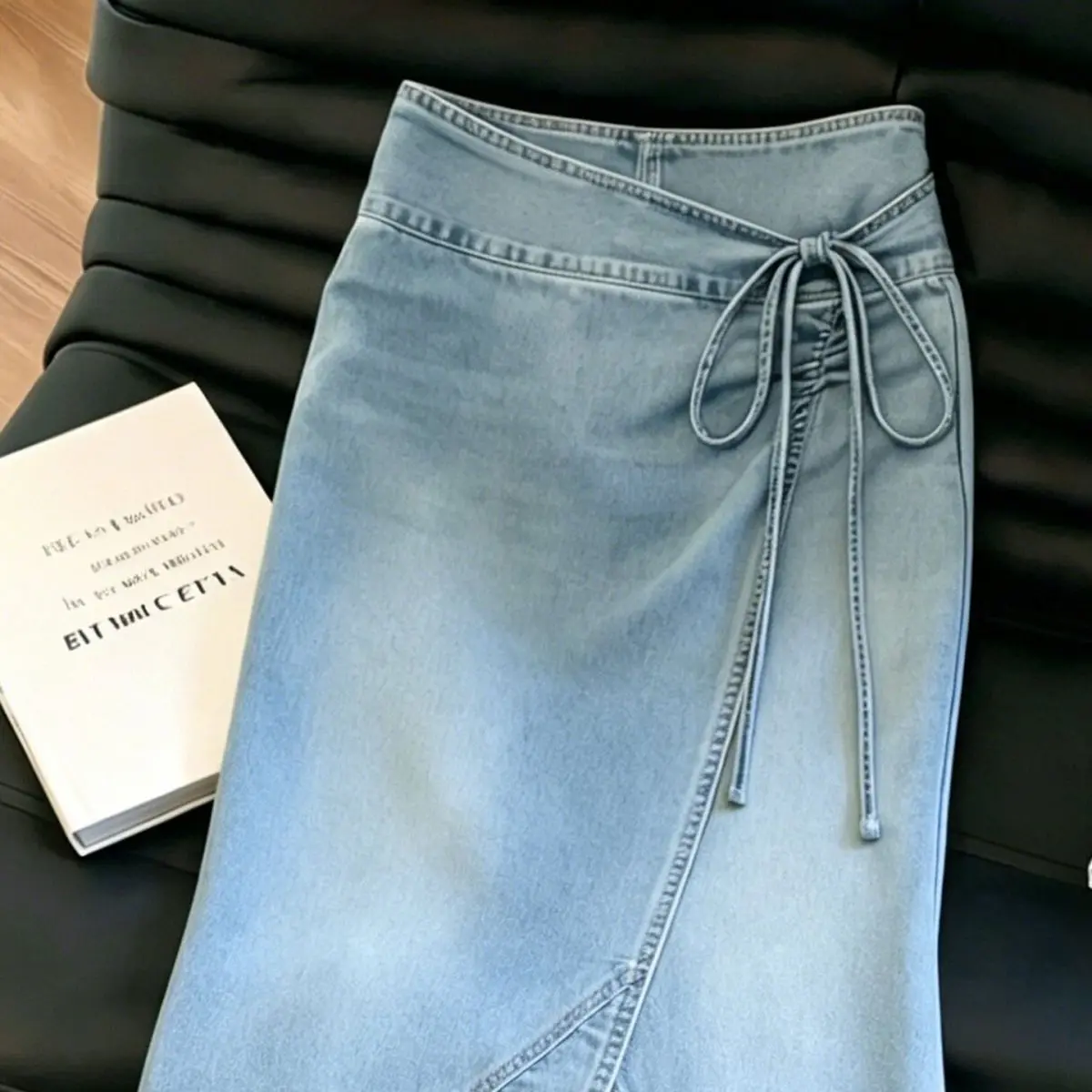 Light Blue Ruffle Leaf Edge Strap Denim Skirt Women New High-waisted Medium and Long Skirt - view 5