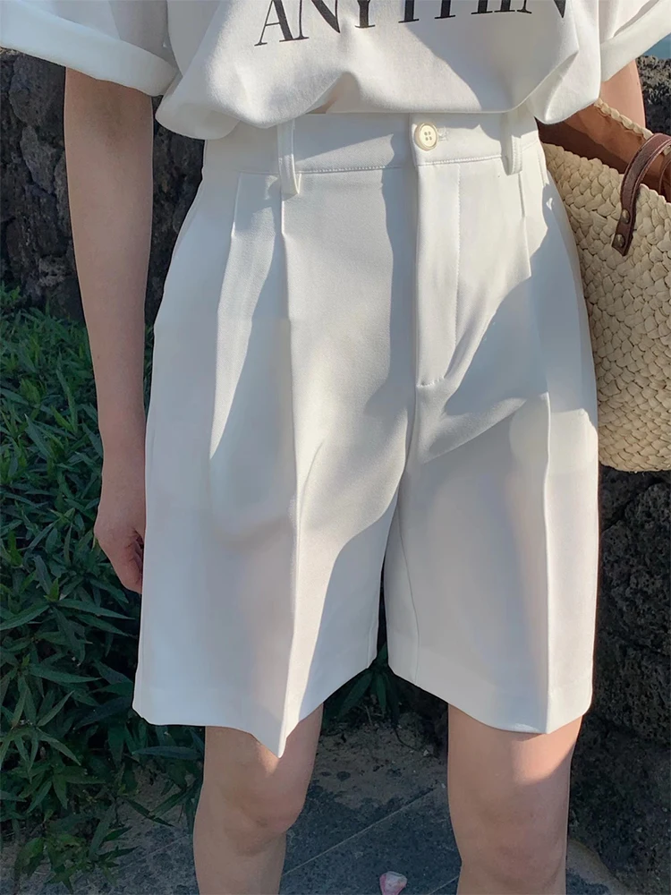 الأساسية مطوي واسعة الساق سراويل تقليدية المرأة الصيف جديد Sle مباراة بسيطة مستقيم خمسة أرباع orts القطن عالية الخصر #2