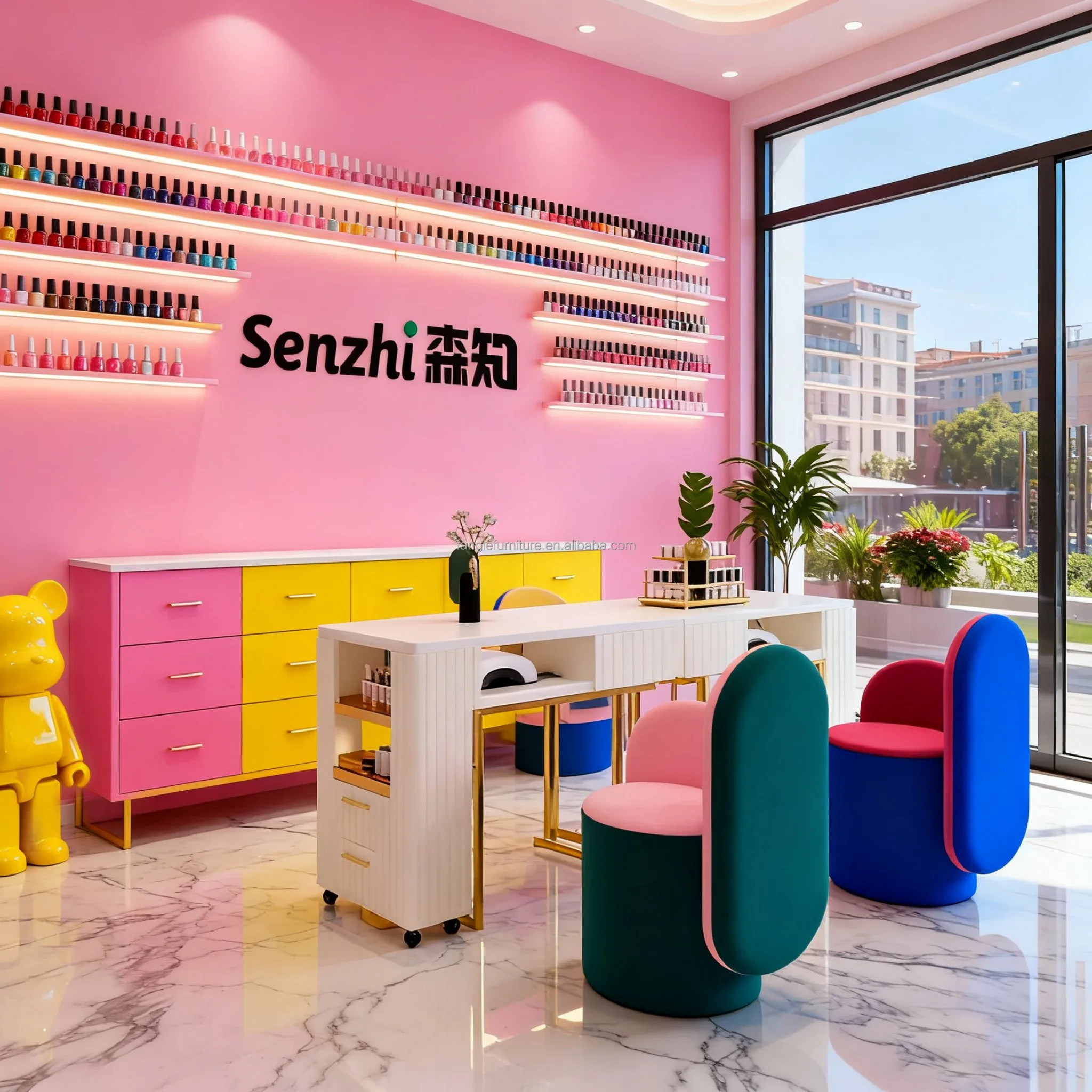 Hot Sale High Glossy Beauty Salon Spa Nail Work Station Manicure Desk With Fan Nail Table Chairs