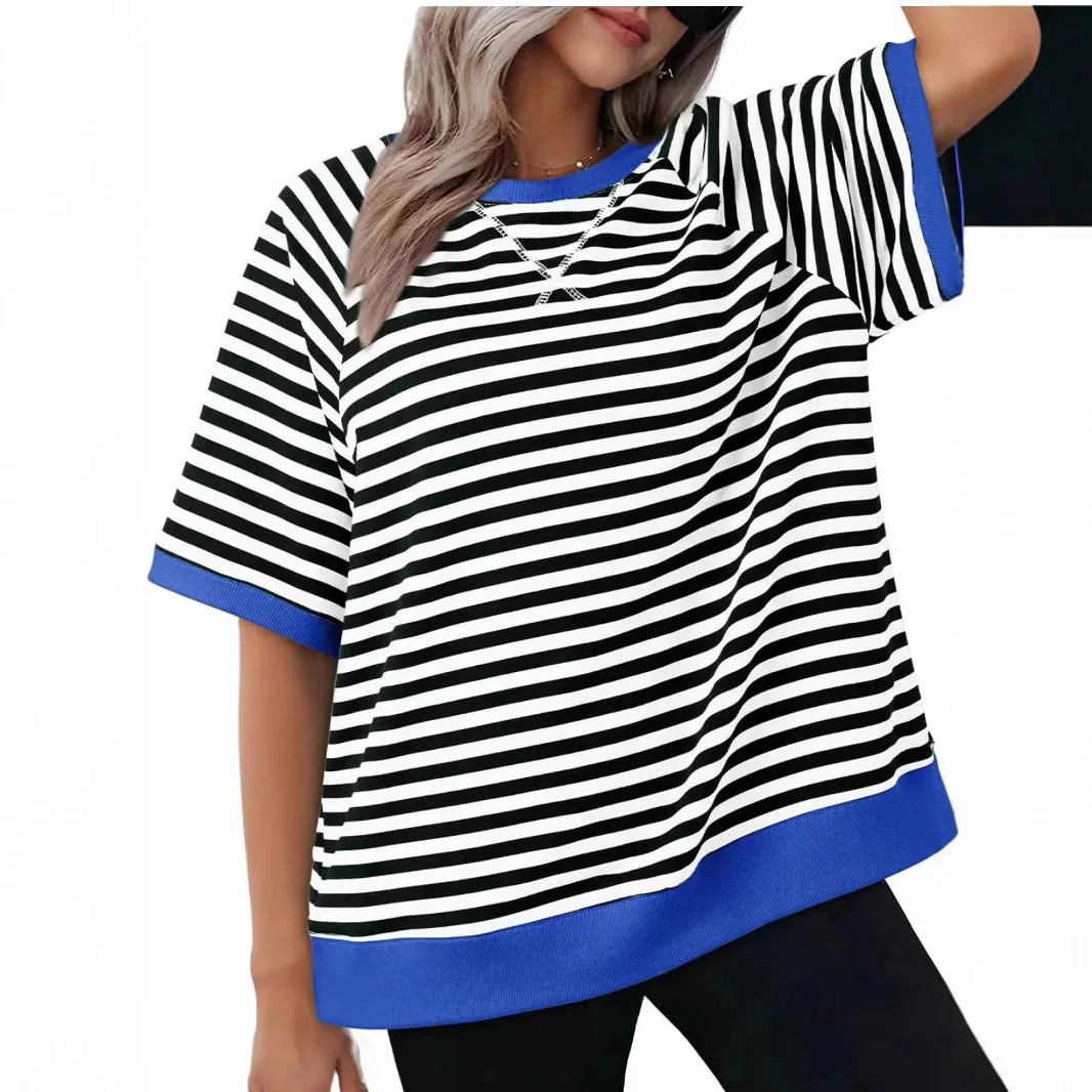 Summer Fashion Striped Loose T-shirt With Thread 2025 Casual Striped Patchwork Printed Short Sleeved T-shirt Top For Women