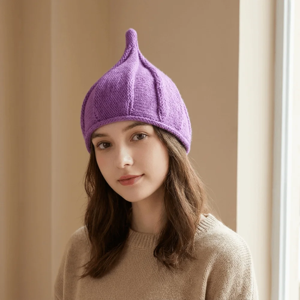 Casual Spire Knitted Beanie Hat Korean Style Solid color Nipple Hat Soft Twist Pullover Hat Adult