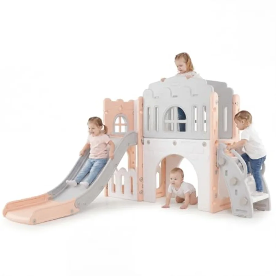 

Toddler Slide 8 in 1 Indoor Outdoor Playground with Climber Basketball Hoop Telescope Tunnel Corridor Toy Storage Steering Whee