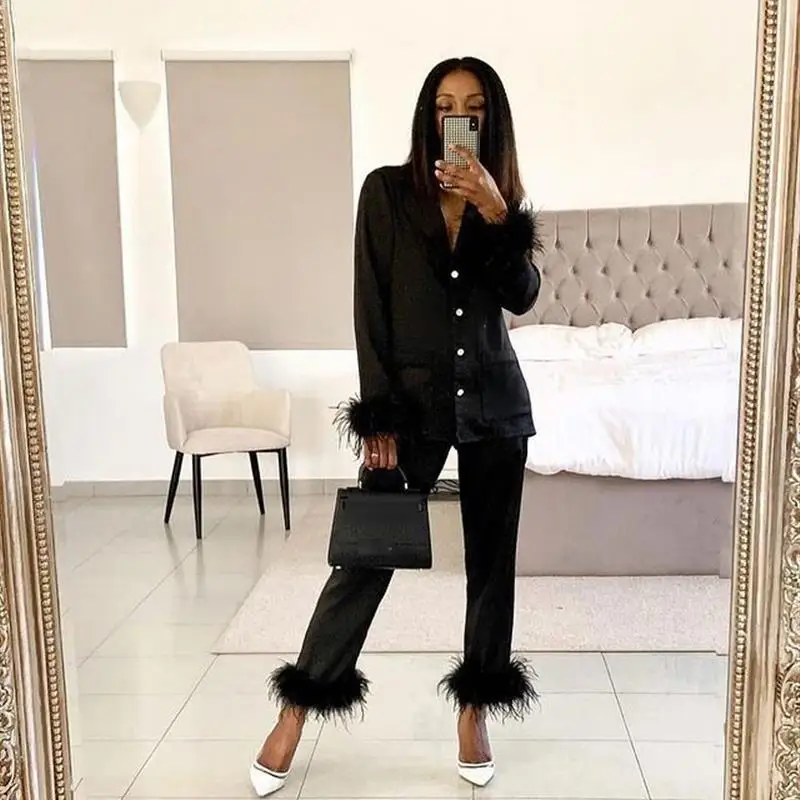 

Women's Casual Pure Color Pajamas Set with Lapel Feather Long Pants Two-Piece Spwear Ensemble Faionable Comfortable