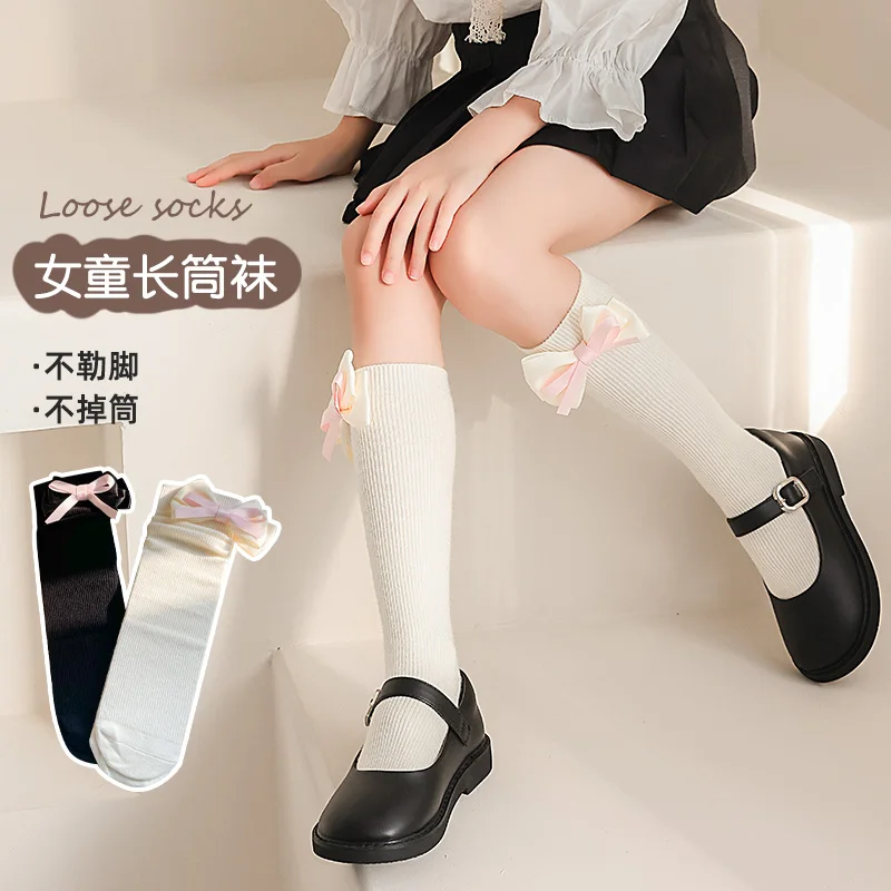Vertical Stripe Mid Calf Socks With Pink Ribbon Bow Decor For Lolita Style Girls Soft Skin Friendly Elastic Lightweight Hosiery