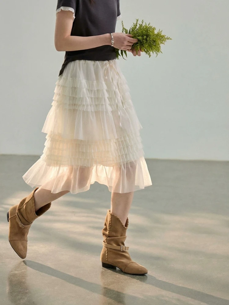 Casual A-Line Skirt Micro Stretch No Slit Korean Style Lace Elastic Waist Cake Skirt Mesh Puffy Skirt Women's Dress Knee Length