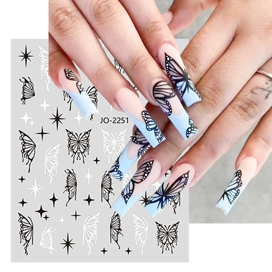 3D Black White Butterfly Nail Stickers Abstract Flies Holograghic Fall Christmas Charms Nail Manicure Gel Polish Decoration BEJO