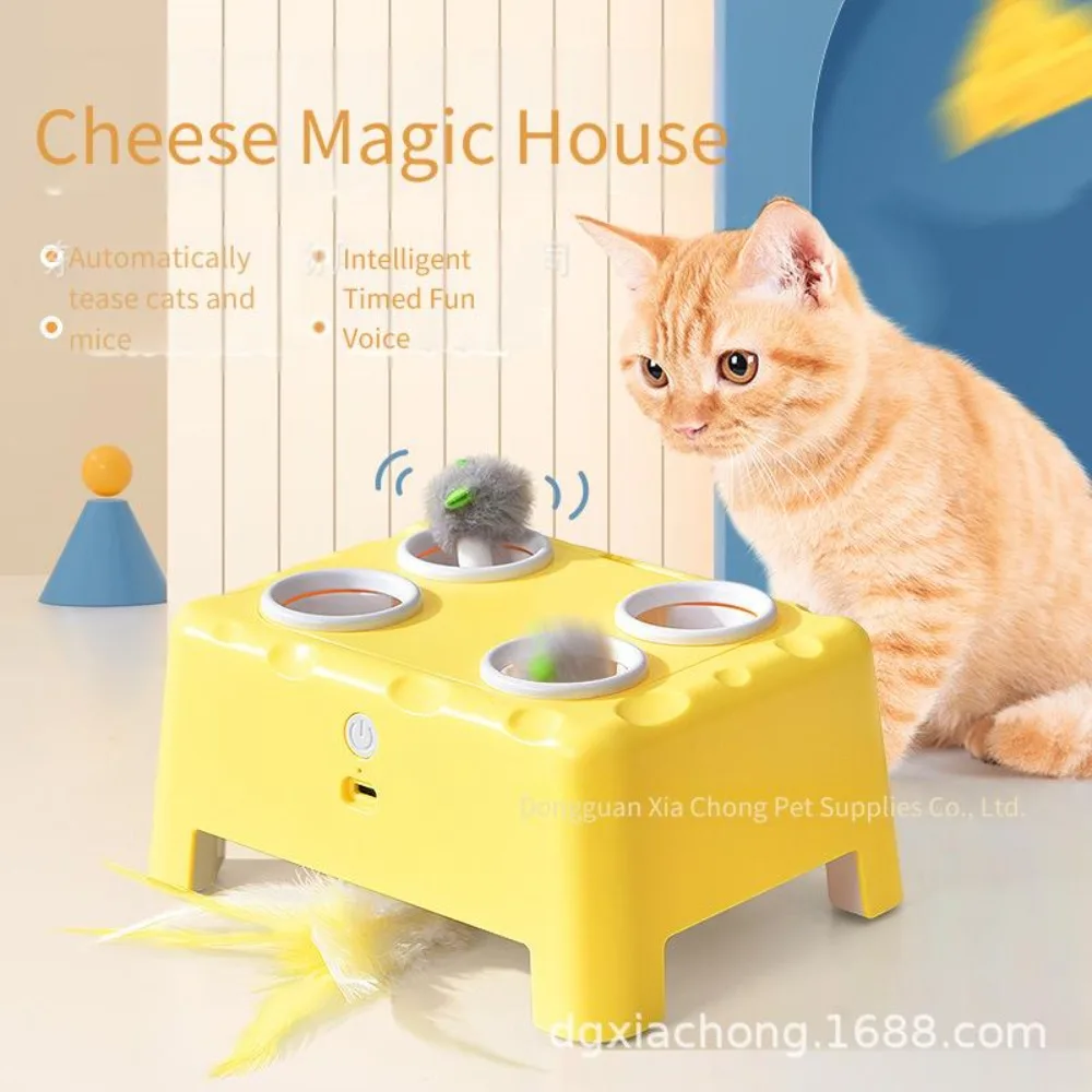 3-in-1 Cheese House Smart Cat Toy Whack-a-Mole Squeaky Feather Cat Toy