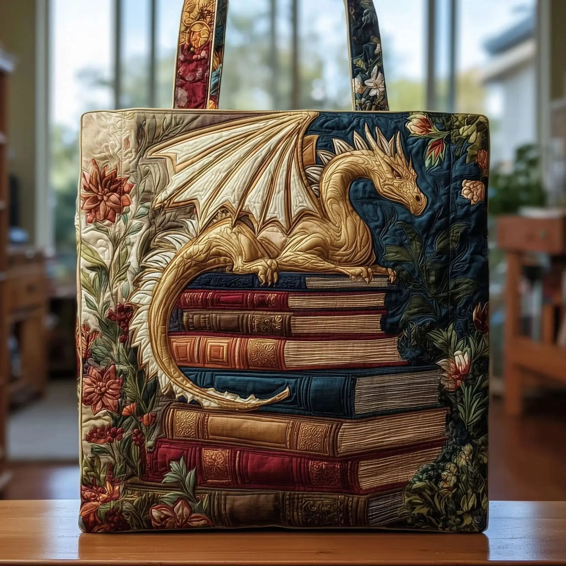 Fantasy Dragon Quilted Print Canvas Tote, Vintage Bookshelf Design Shoulder Bag, Literary Dragon-themed Tote Bag