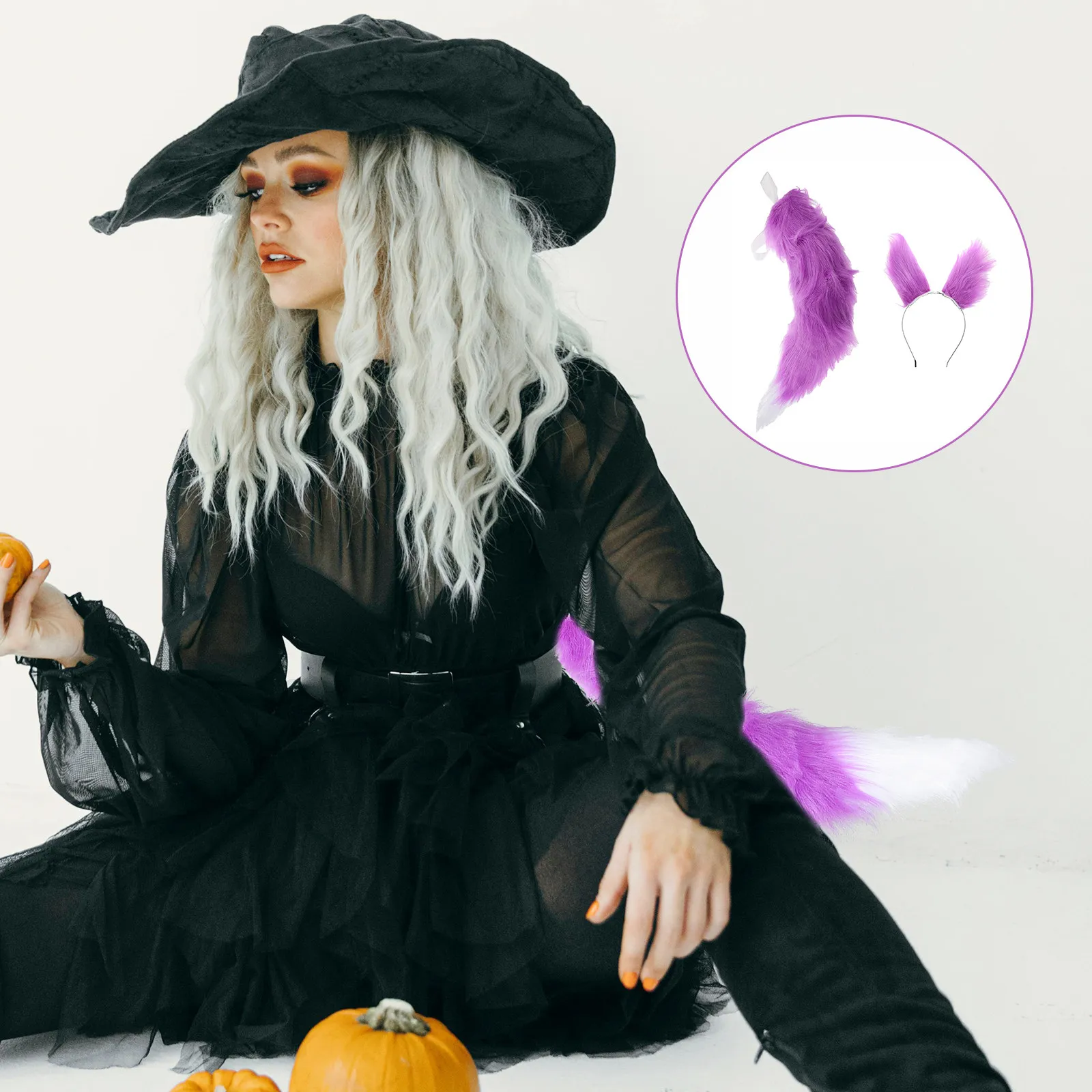 

1Set Handmade Fox Ears Headband Double Layered Animal Tail Cosplay Accessory Kit for Halloween Party Stage Performance Costume